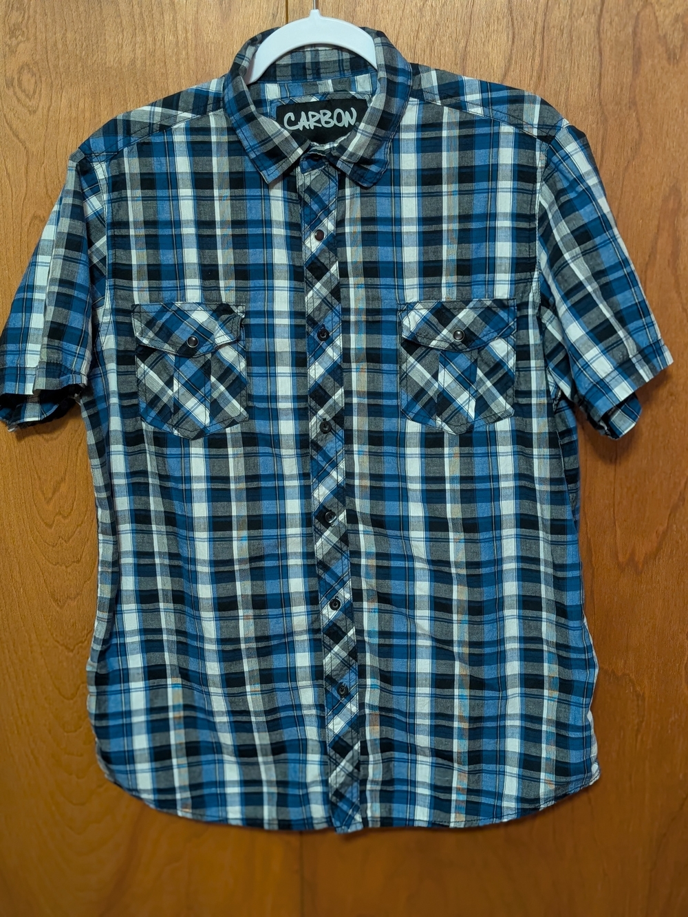 Carbon Men's Blue and Black Plaid Short Sleeve Button-Down Shirt